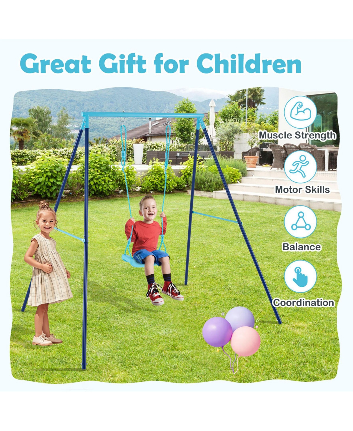 Outdoor Heavy Duty Metal Toddler Swing Set with Stand-Blue