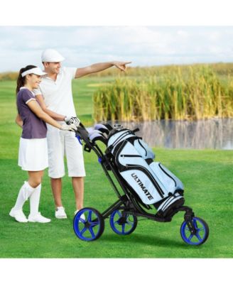 Folding Golf Push Cart with Scoreboard Adjustable Handle Swivel Wheel-Blue