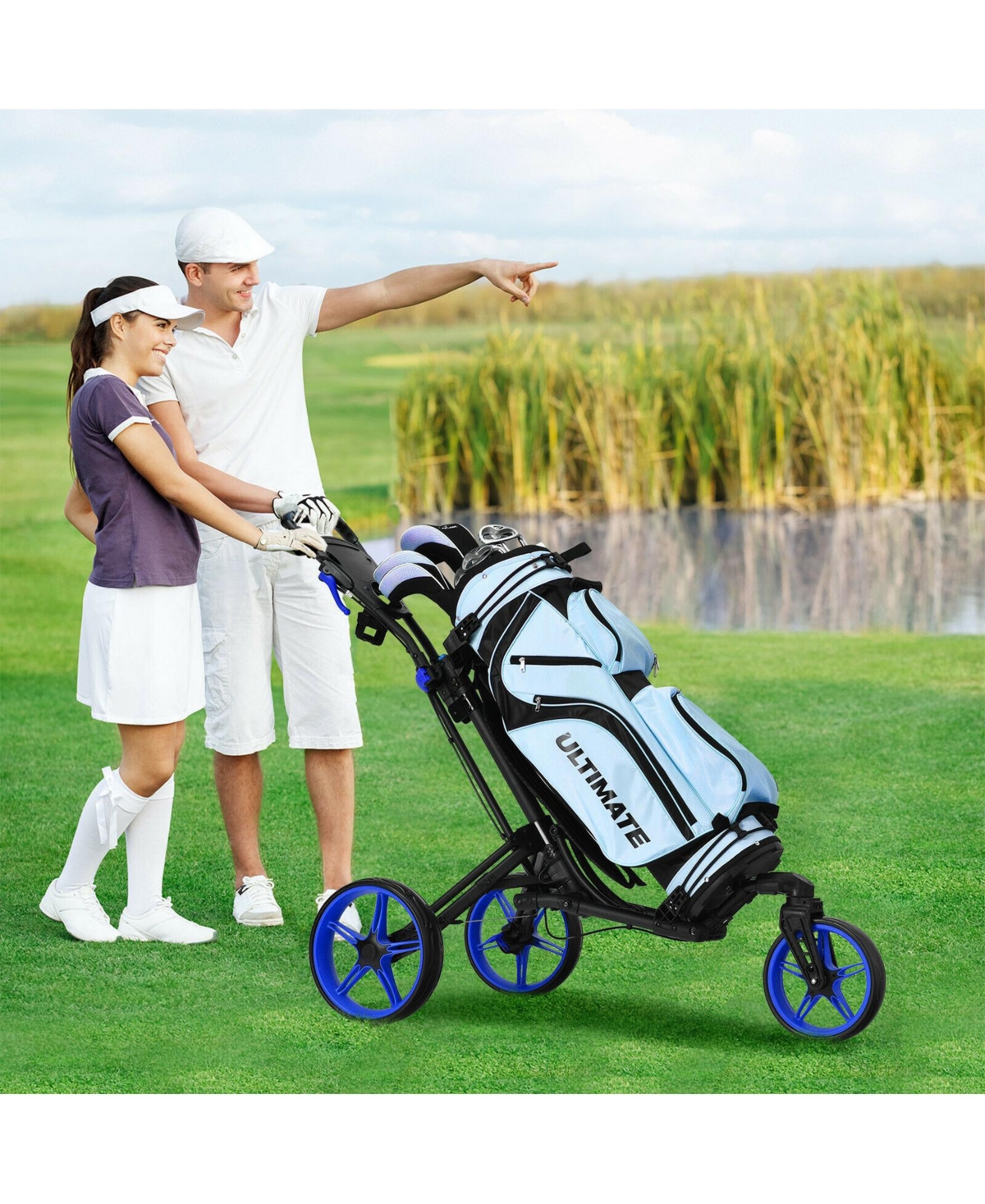 Sugift Folding Golf Push Cart with Scoreboard Adjustable Handle Swivel Wheel-Blue