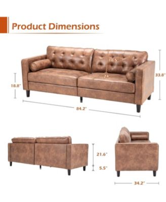 Faux Leather Sofa, 84.2-Inch Mid Century Modern 3-Seater Couch with 2 Bolster Pillows