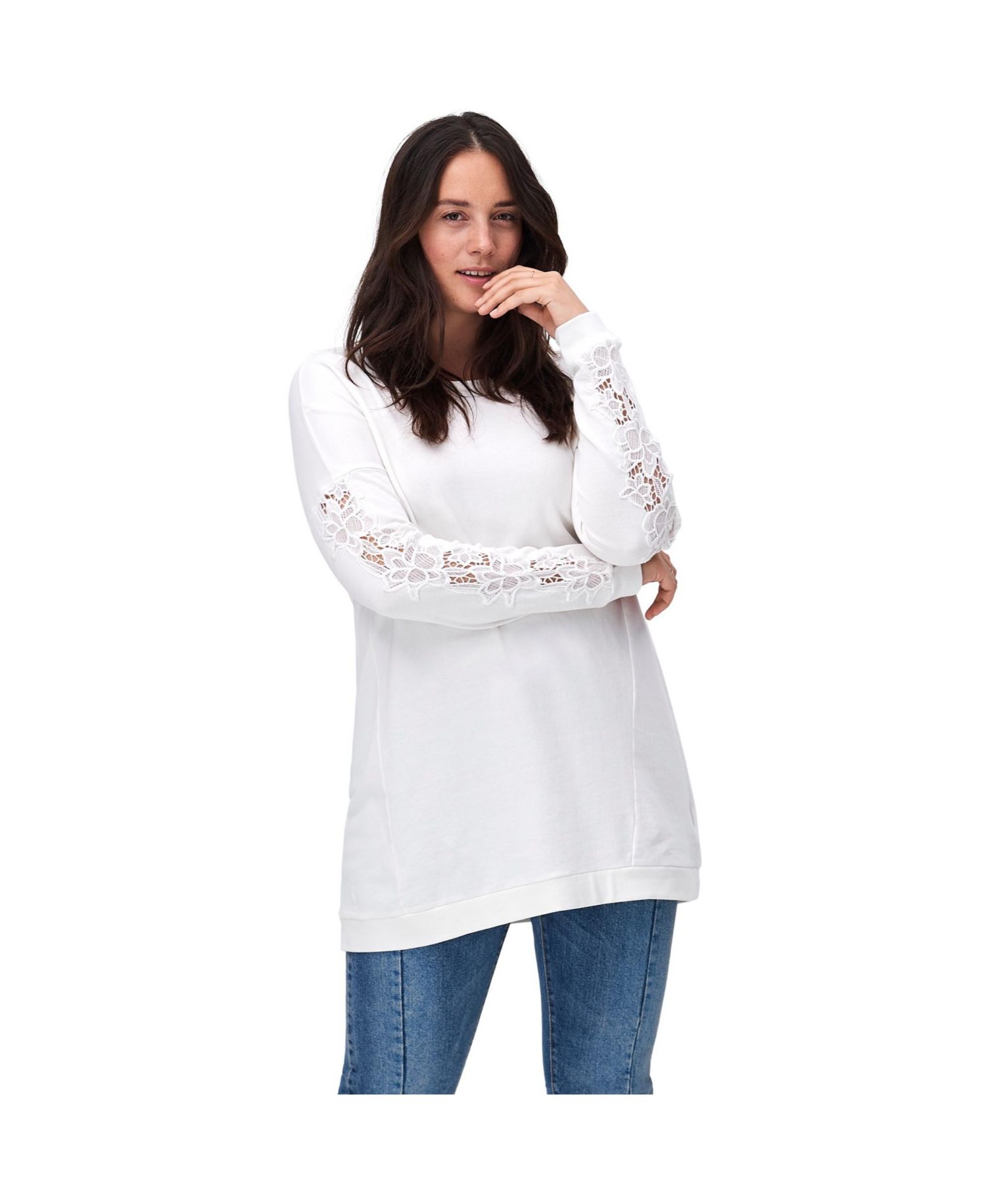 Women's Plus Size French Terry Lace Trim Sweatshirt Tunic