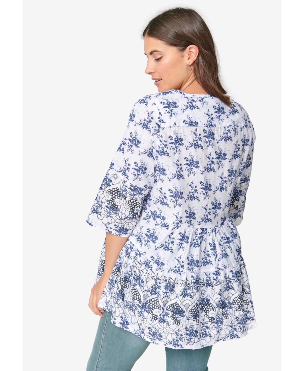ellos Women's Tiered Floral 3/4 Sleeve Tunic