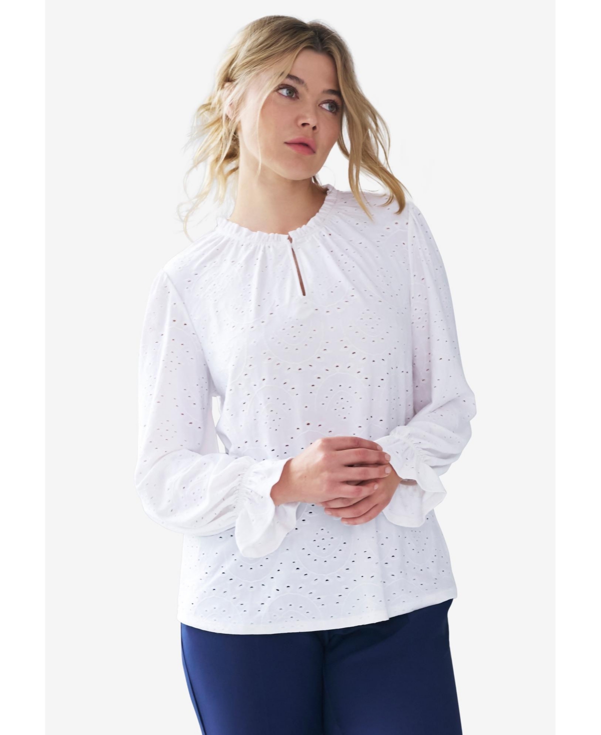 ellos Women's Long Sleeve Knit Eyelet Top With Keyhole Neckline