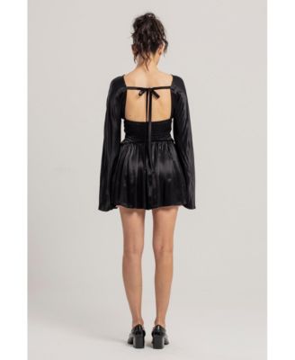 Women's Jet Black Long-Sleeve Deep V-Neck Mini Dress