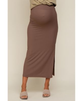 Maternity Mocha Ribbed Side Slit Midi Skirt