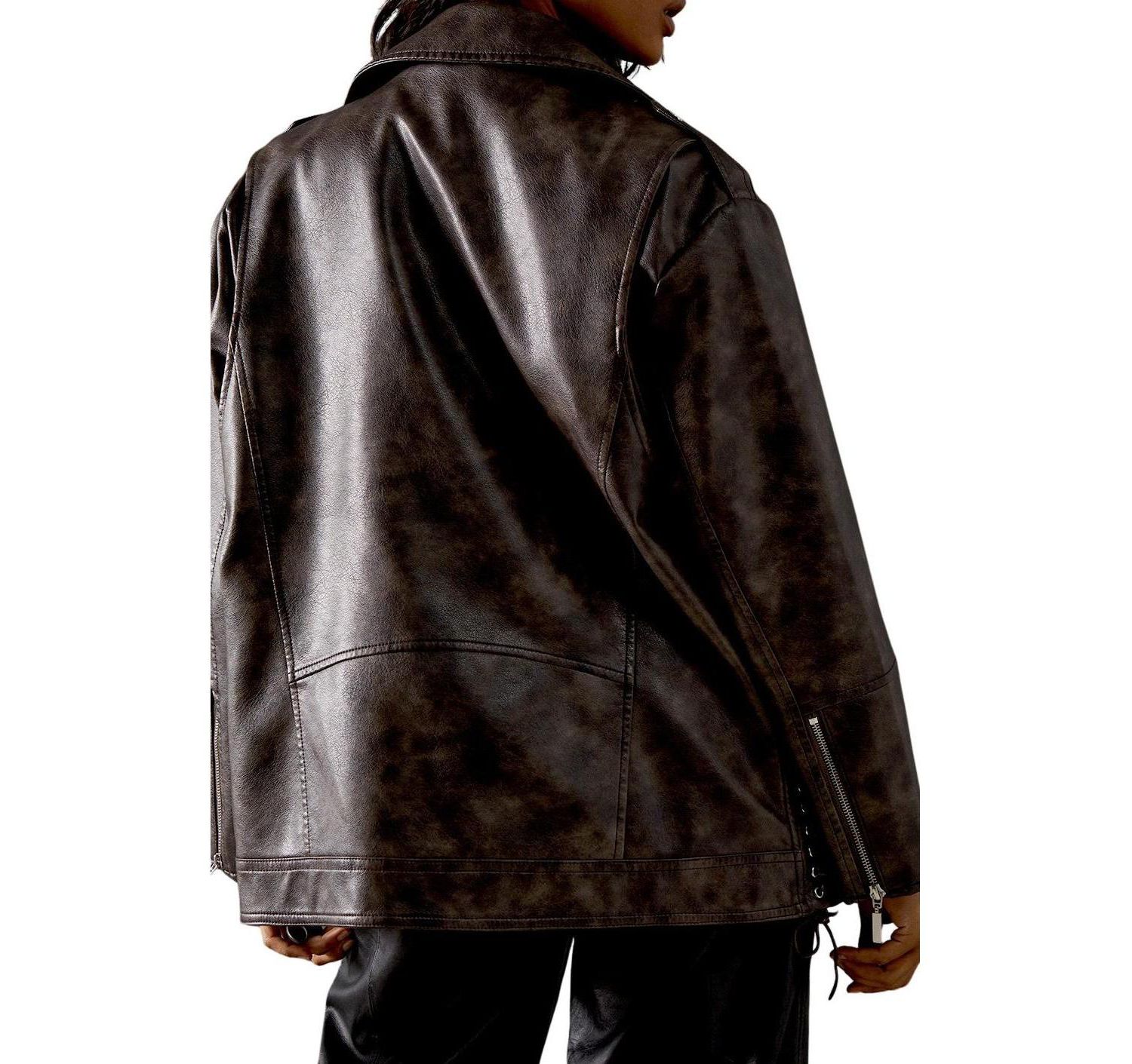 Women's Oversized Whipstitch Leather Look Jacket