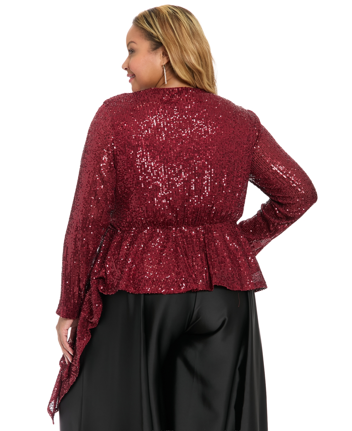 Muse Plus Size Sequin Long-sleeve Top In Burgundy