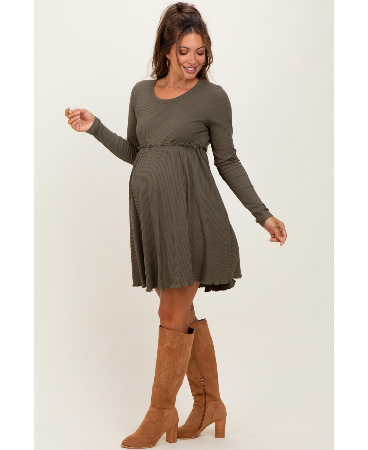 Pinkblush Maternity Olive Ribbed Knit Long Sleeve Crewneck Shirring Mini Dress