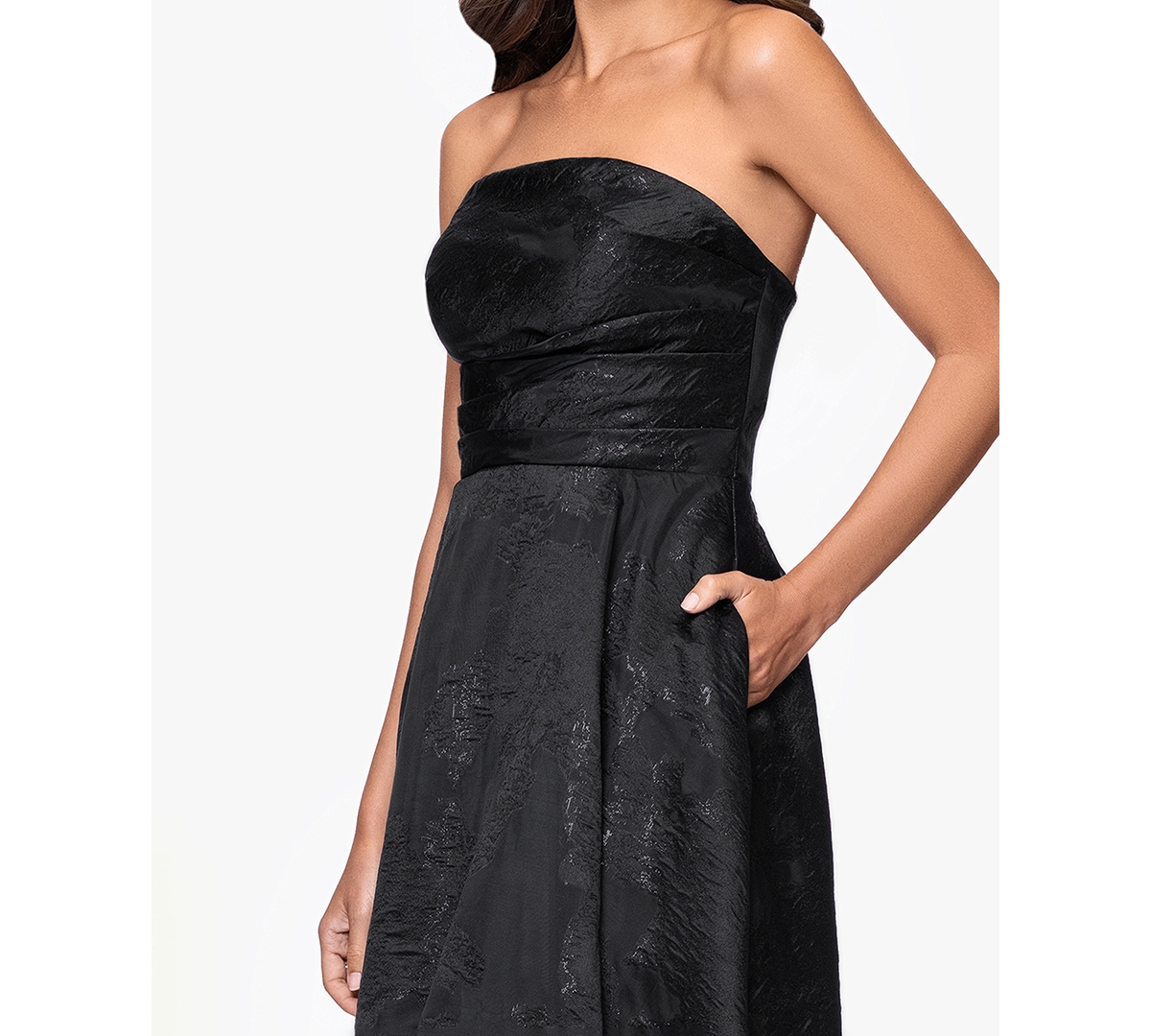 Betsy & Adam "ellie" Organza Brocade Strapless Floor Length Gown In Black