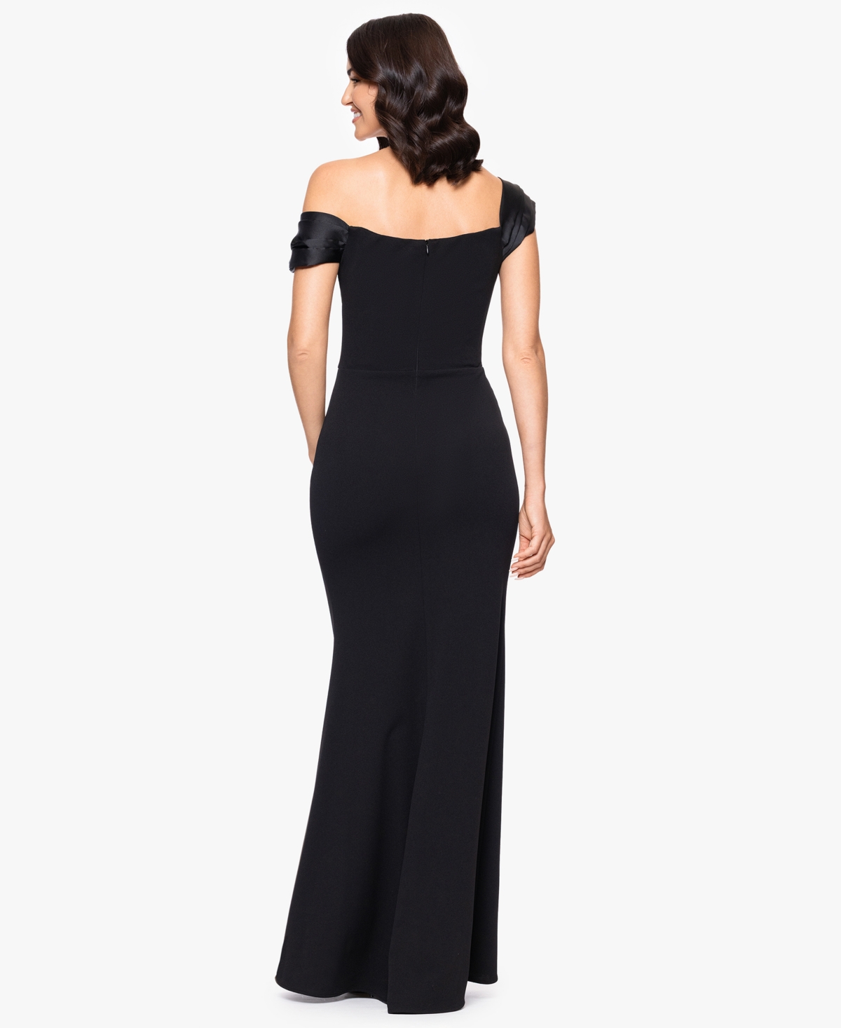 Betsy & Adam Ruched Off The Shoulder Scuba Column Gown In Black