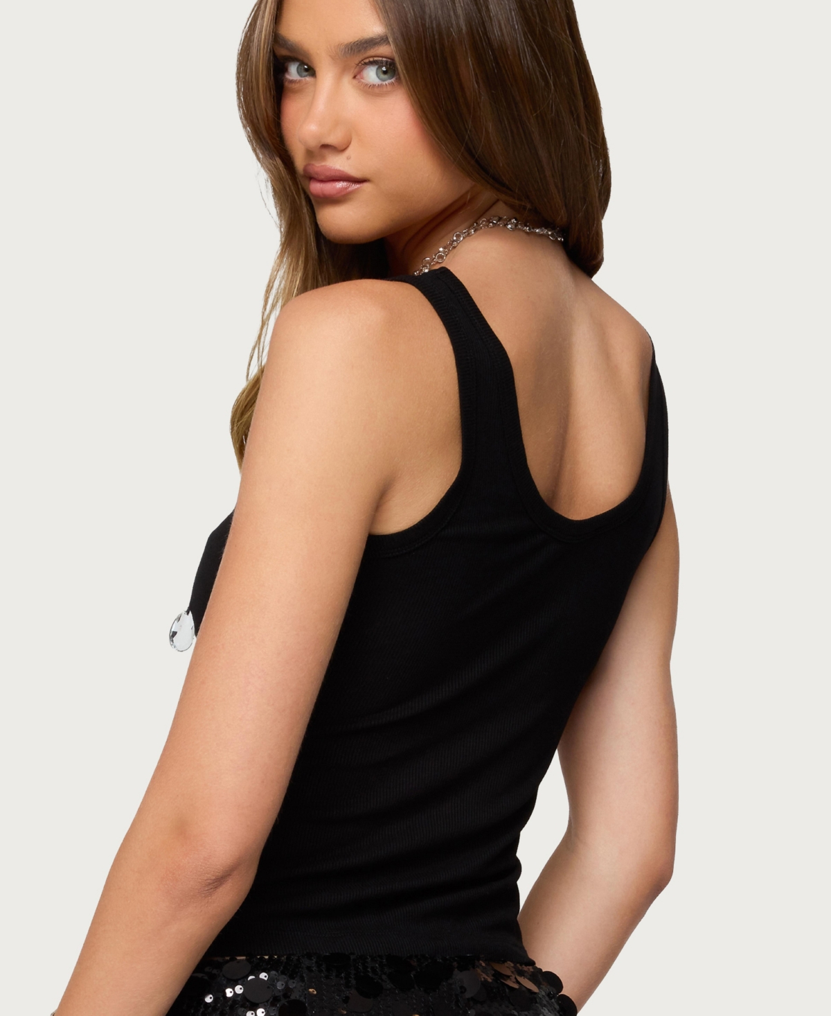 Edikted Womens Zelena Faux Crystal Ribbed Tank Top