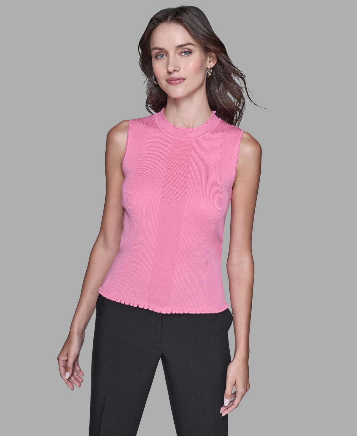 Karl Lagerfeld Women's Ruffled Rib-knit Sleeveless Top In Pink