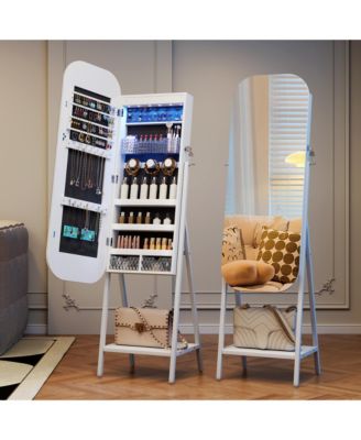 Round Mirror Jewelry Cabinet with Door & Wall Storage