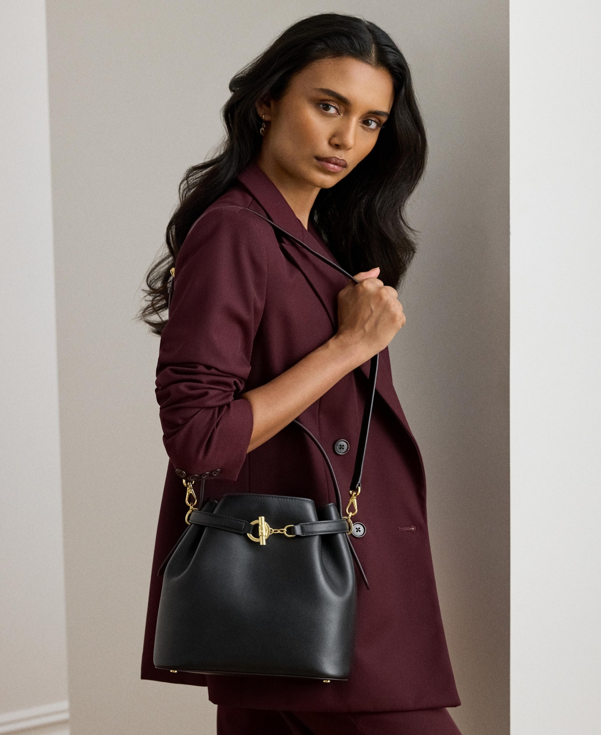 Ralph Lauren Leather Small Bucket Bag In Black