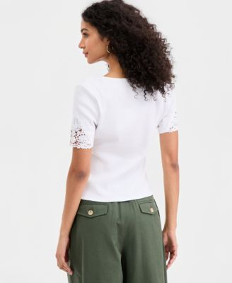 Women's Knit Short-Sleeve Lace-Inset Top, Macy's Exclusive