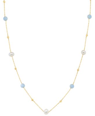 Freshwater Pearl (6.5mm) and Aquamarine Necklace (5-7/9 ct. t.w.) in 14k Yellow Gold