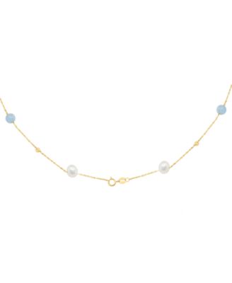 Freshwater Pearl (6.5mm) and Aquamarine Necklace (5-7/9 ct. t.w.) in 14k Yellow Gold