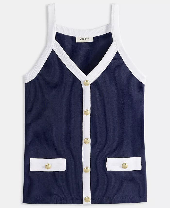 Women's Knit Solid Colored-Trim Button-Up Tank Top - thumbnail 10