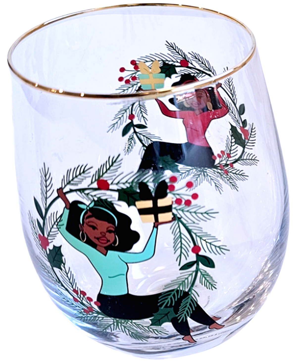 Black Paper Party Shark Tank Holiday Holly Stemless Wine Glasses, Set Of 2 In Multi