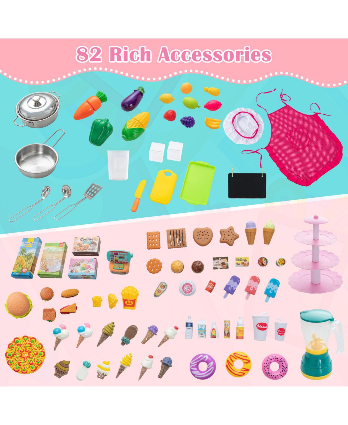 Детская игрушка SKONYON 2-in-1 Double-Sided Kids Kitchen and Market with Lights and Sound, 82-Piece Playset, Ages 3+, цвет: Розовый — фото 6