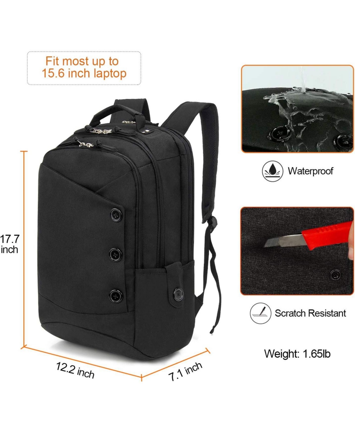 Batfox-15.6 Inch Laptop Backpack for Men & Women, Water Resistant Computer Bag with Usb Charging Port for College, Travel, Office - Black