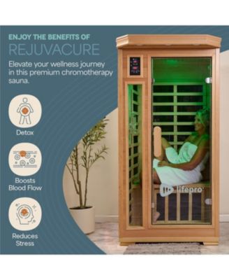 Rejuvacure Low-EMF 1-Person Infrared Sauna – Indoor Wooden Sauna with Tempered Glass Door, Carbon Fiber Heaters, Chromotherapy & Bluetooth
