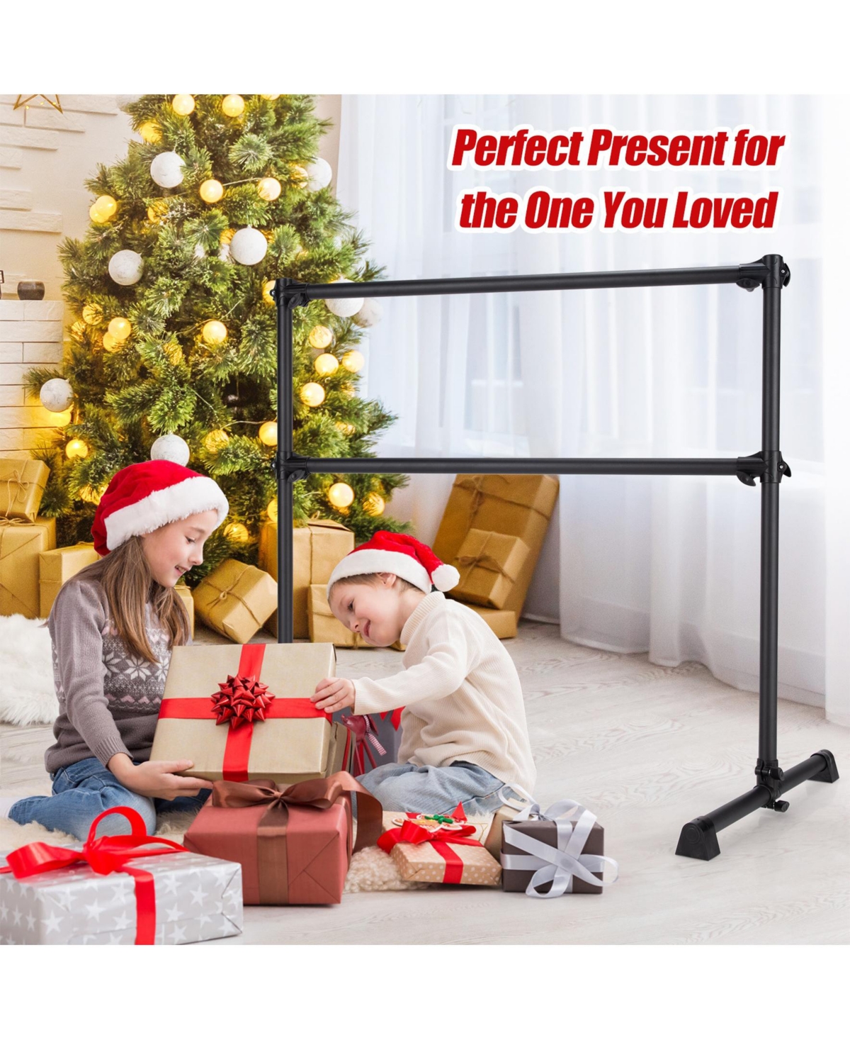 Sugift 4 Feet Double Ballet Barre Bar With Adjustable Height-Black.