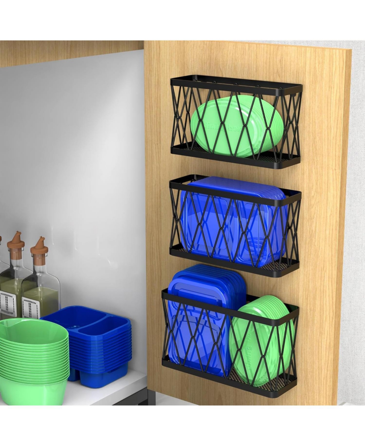 3 Pack Adhesive Cabinet Organizer - Wall Mounted Pantry Door Organizer Bin Holder for Tupperware Lid Kitchen Wall Under Sink Basket Slim Space Black