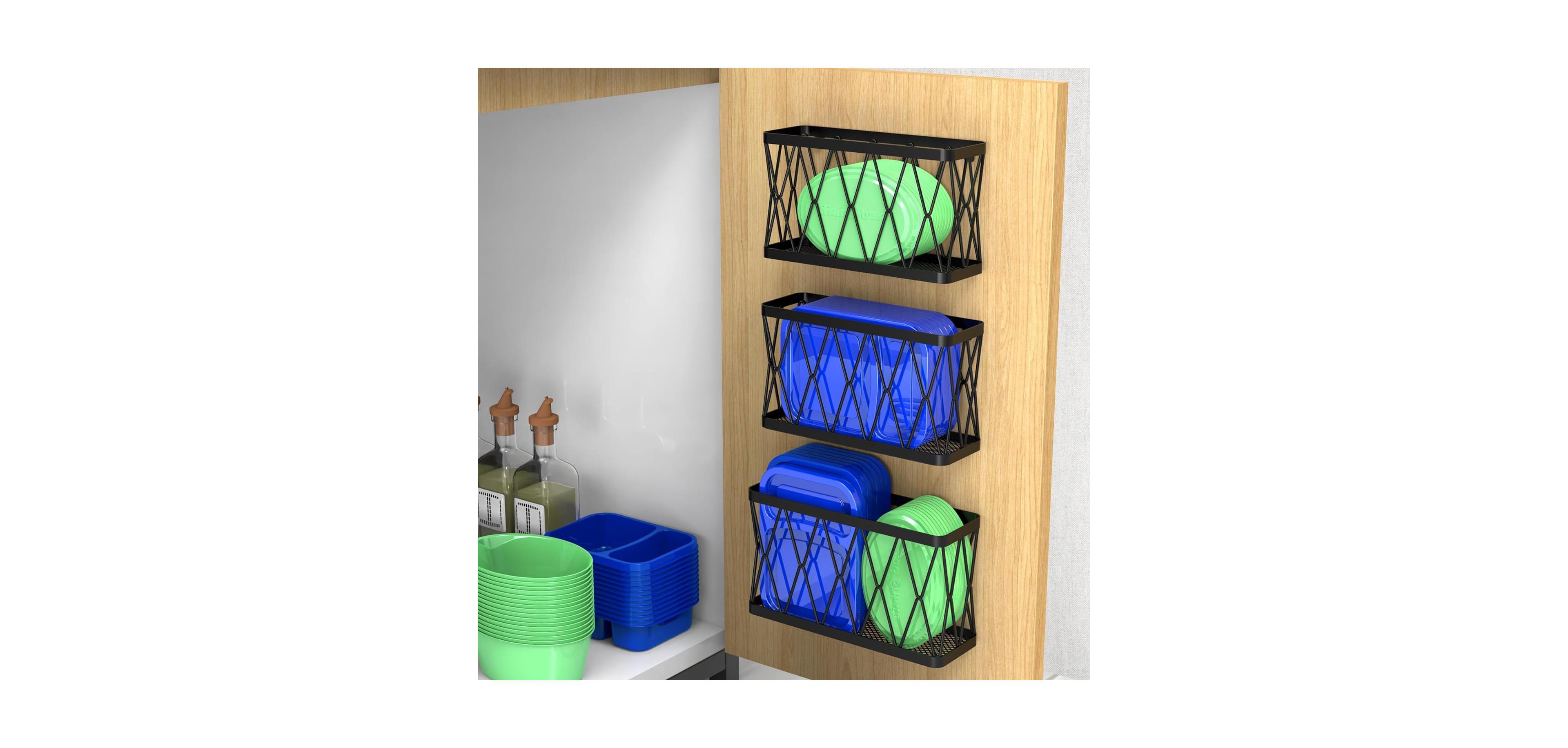 Yigii 3-Pack Adhesive Cabinet Organizer – Wall-Mounted Pantry & Under-Sink Storage Bins for Lids, Slim Space Saver, Black