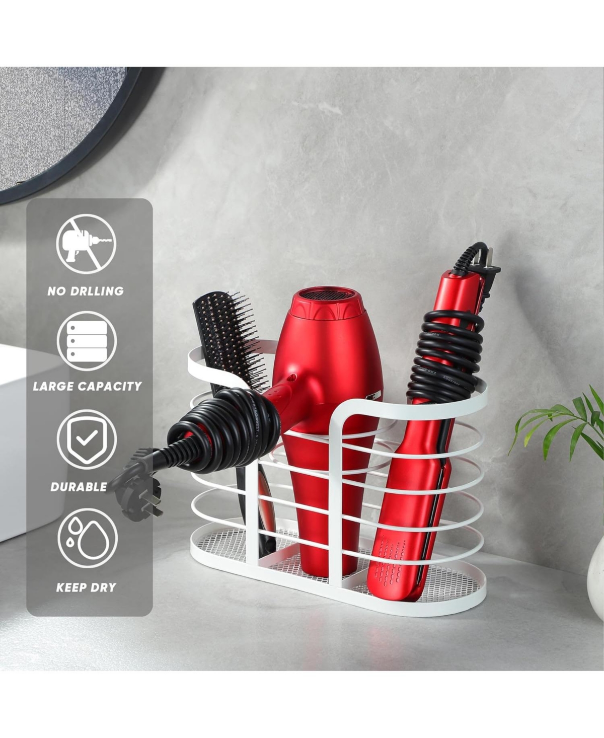 White Hair Dryer Holder - Adhesive Blow Dryer Holder/Hair Tool Organizer Bathroom Organizer Stick on Wall Mounted Multi-Functional Hair Dryer Rack