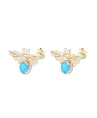Kamaria Bee Stud Earrings With Lab-Grown Opal in 14k Gold Plated Sterling Silver - Blue green opal