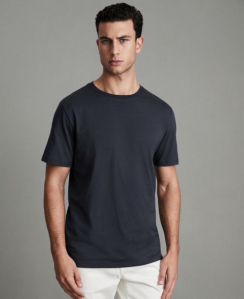 Мужская футболка REISS Bless Cotton-Blend Tailored-Fit, цвет: Синий