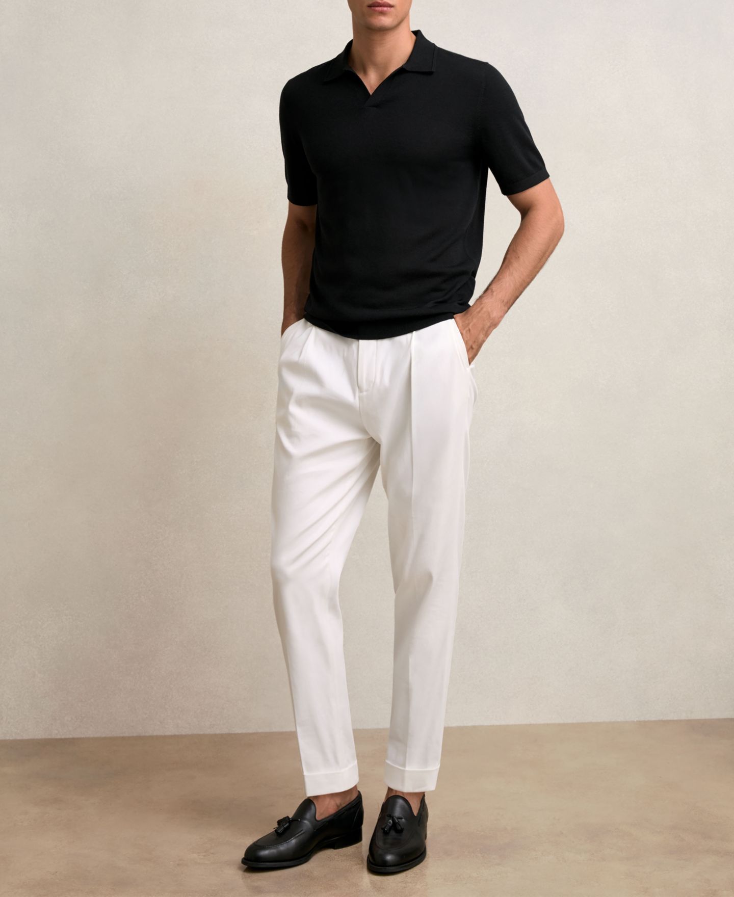 Мужское поло REISS Duchie Merino Wool Open Collar Polo Shirt, цвет: Чёрный — фото 3