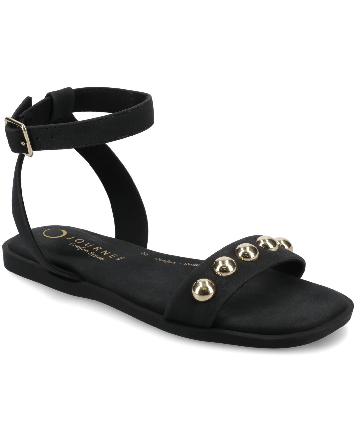 Женские сандалии Journee Collection Primrose Studded Ankle Strap Flat, цвет: Чёрный — фото 1