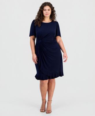 Plus Size Round-Neck Drape-Front Flutter-Sleeve Dress
