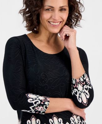 Women's Printed 3/4 Sleeve Scoop-Neck Jacquard Top