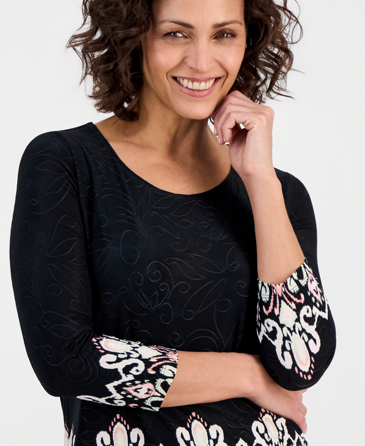 Jm Collection Women's Printed 3/4 Sleeve Scoop-Neck Jacquard Top, Macy's Exclusive