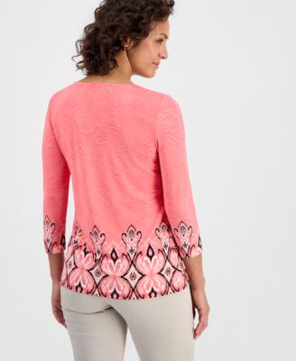 Women's Printed 3/4 Sleeve Scoop-Neck Jacquard Top
