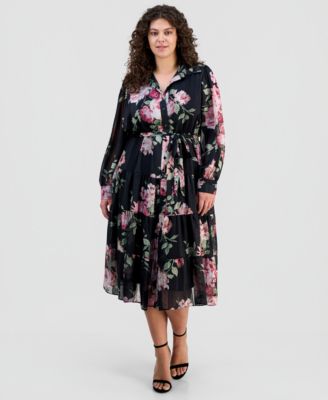 Plus Size Floral Jacquard Button-Front Shirtdress