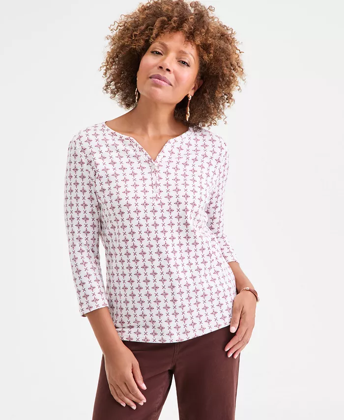 Women's Printed 3/4-Sleeve Henley Top