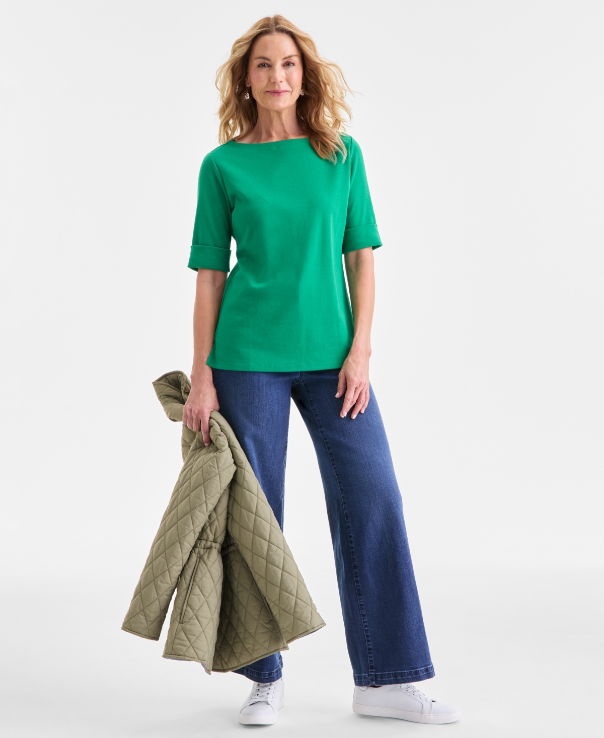 Style & Co Women's Boat-neck Elbow Sleeve Cotton Top, Exclusively At Macy's In Green