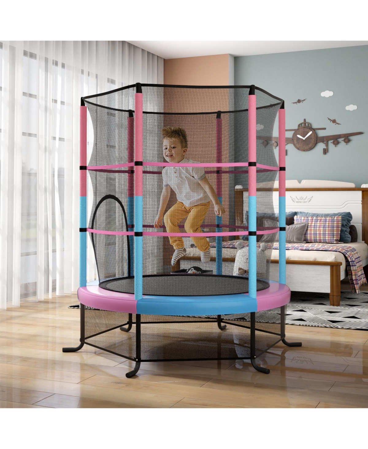 55 Inch Kids Recreational Trampoline Bouncing Jumping Mat with Enclosure Net