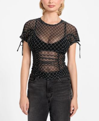 GUESS - Women's Chain Mesh Logo Shirred Top