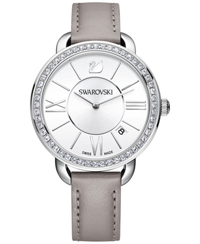 Swarovski Women's Swiss Aila Day Crystal Accent Gray Leather Strap Watch 37mm