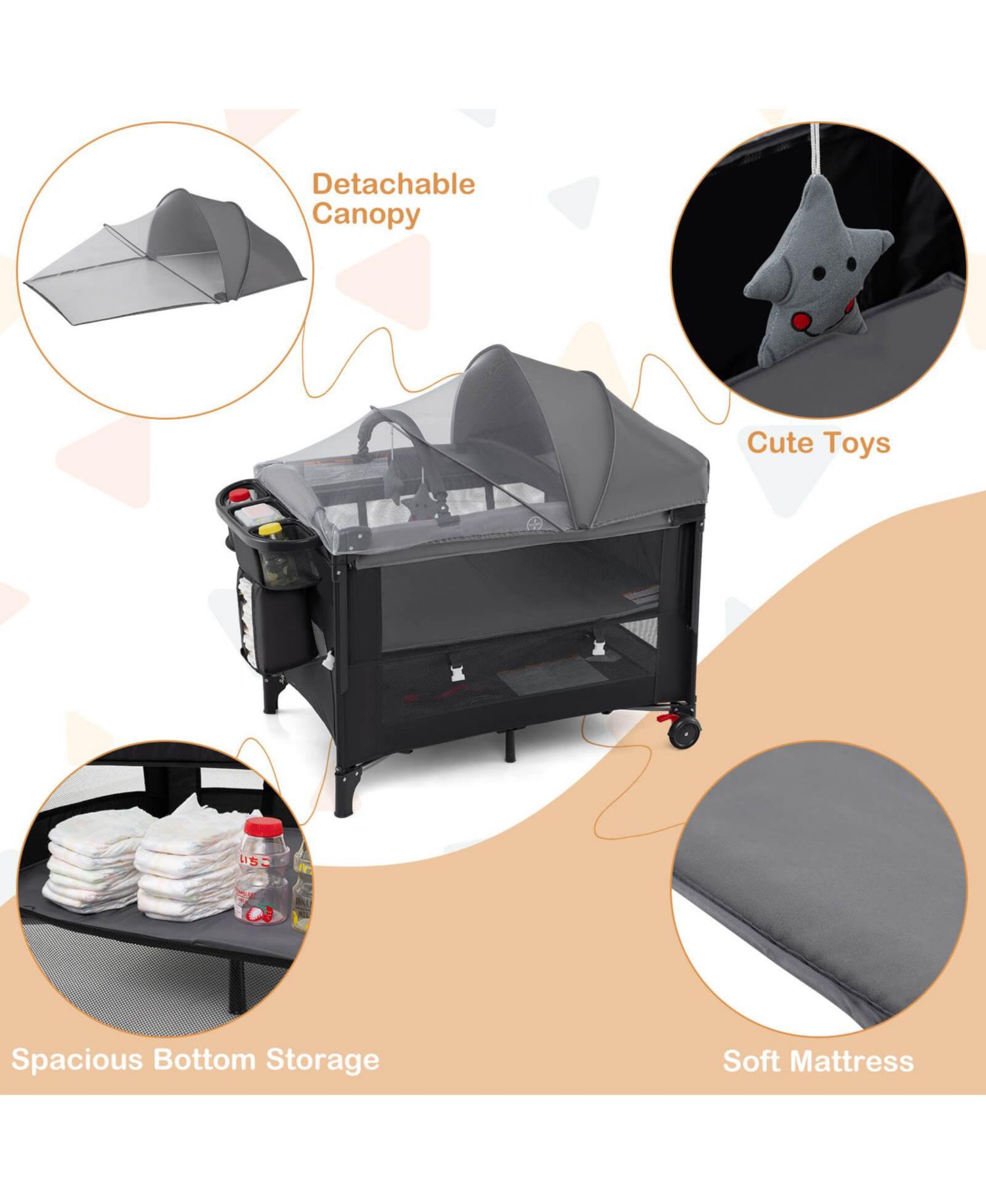 Baby Baby Bassinet Bedside Crib with Changing Table Mattress Detachable Canopy Basket