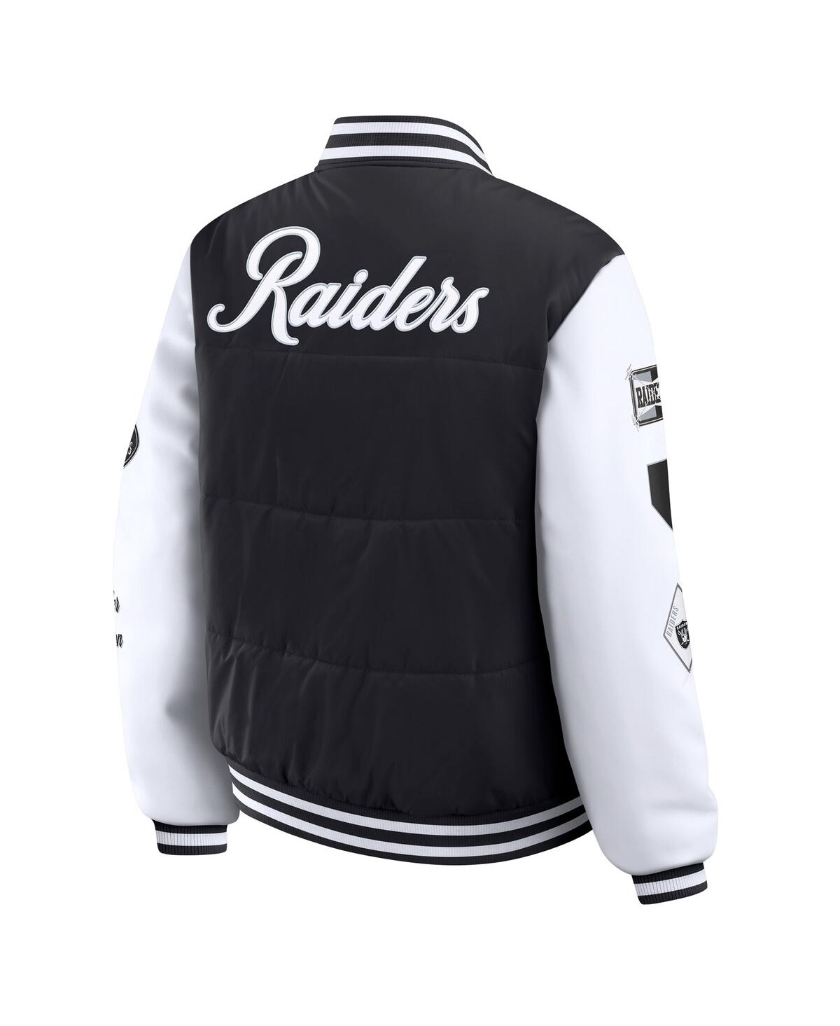 Wear By Erin Andrews Women's Black Las Vegas Raiders Varsity Full-snap Puffer Jacket In Multi