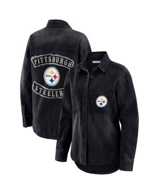 WEAR by Erin Andrews - Women's Black Pittsburgh Steelers Washed Oversized Denim Full-Snap Shacket