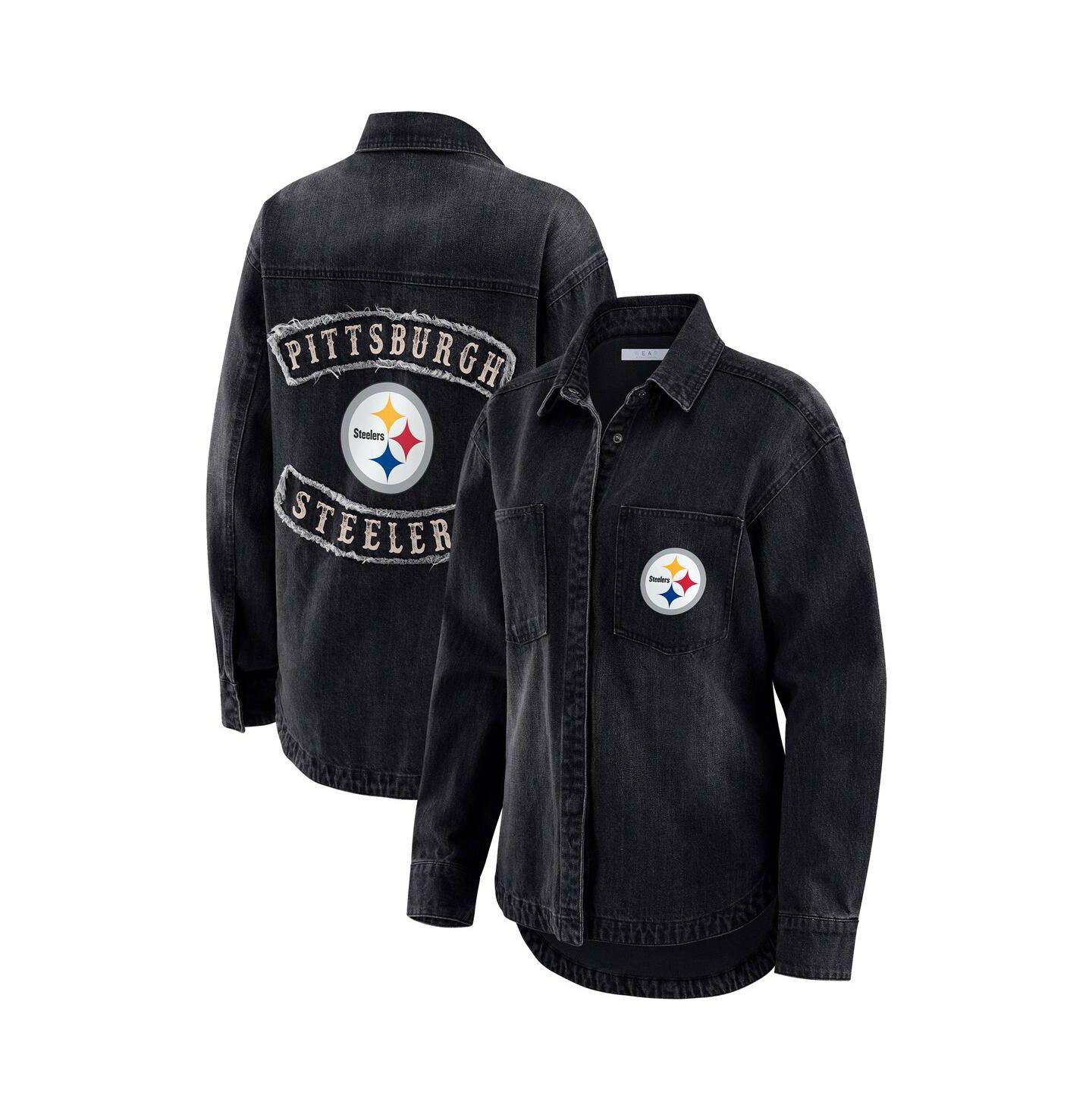 Женские куртки WEAR by Erin Andrews Black Pittsburgh Steelers Washed Oversized Denim Full-Snap Shacket — фото 1