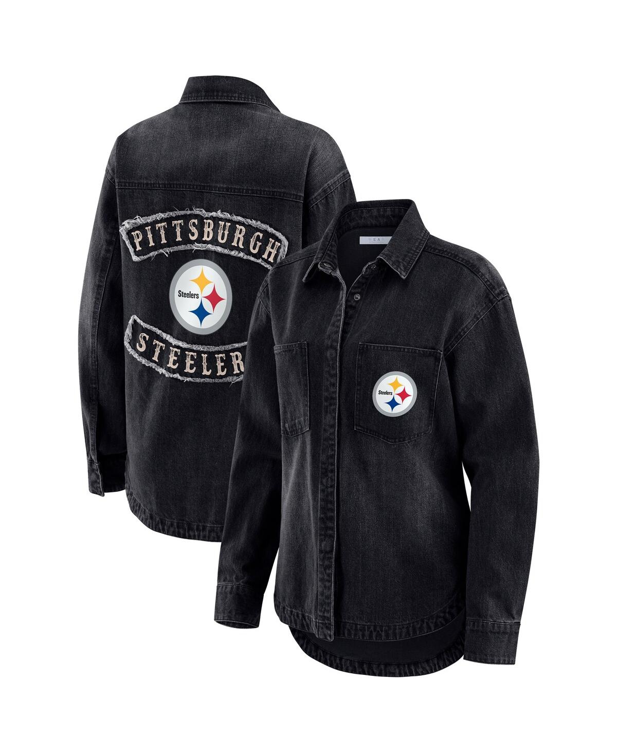 Wear By Erin Andrews Women's Black Pittsburgh Steelers Washed Oversized Denim Full-snap Shacket In Multi