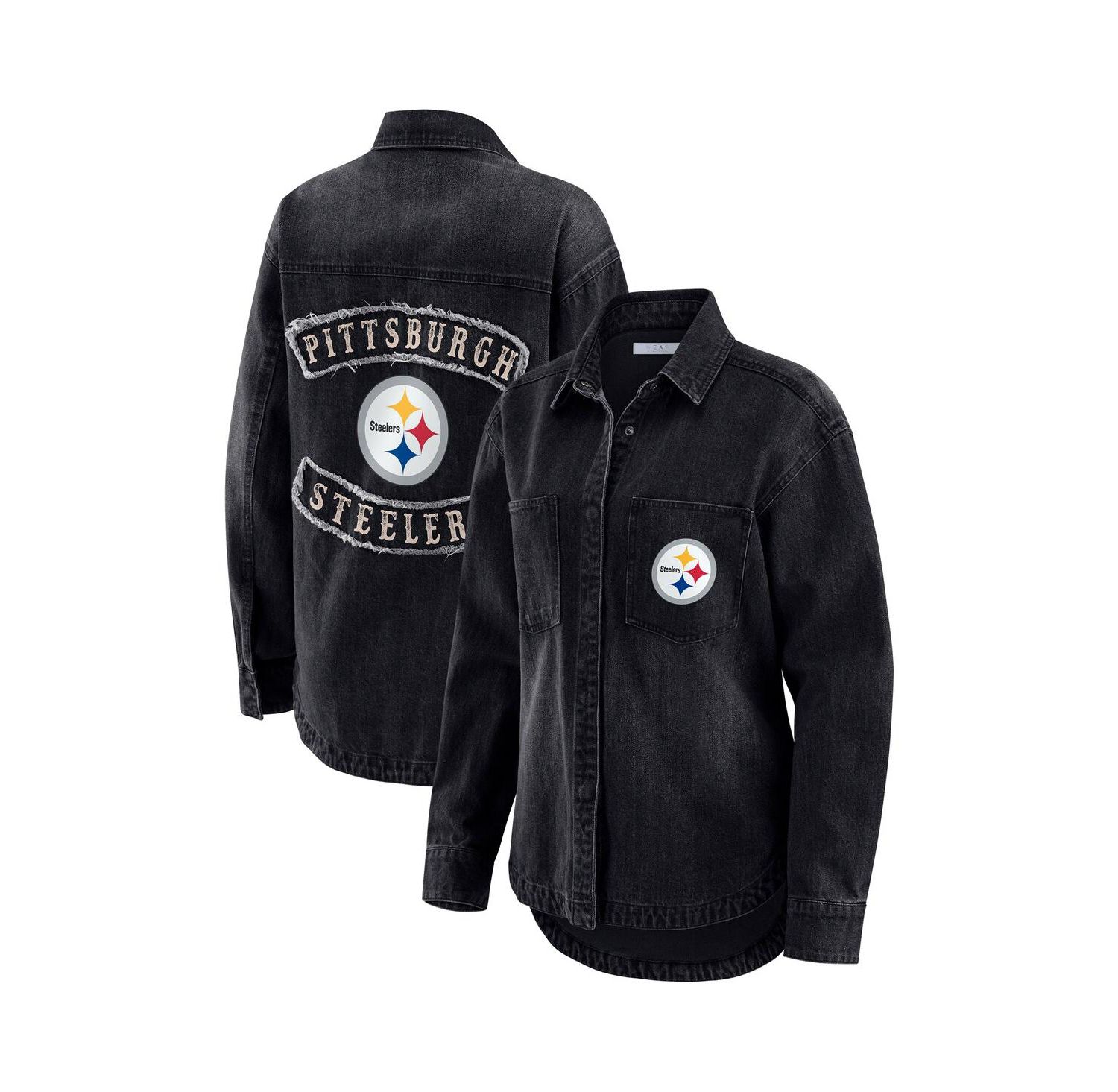 Women's Black Pittsburgh Steelers Washed Oversized Denim Full-Snap Shacket
